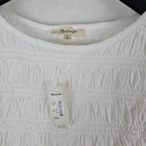 Madewell Smocked Boatneck Tank Top Women White Cotton-Linen Blend Size Med - Picture 6 of 11